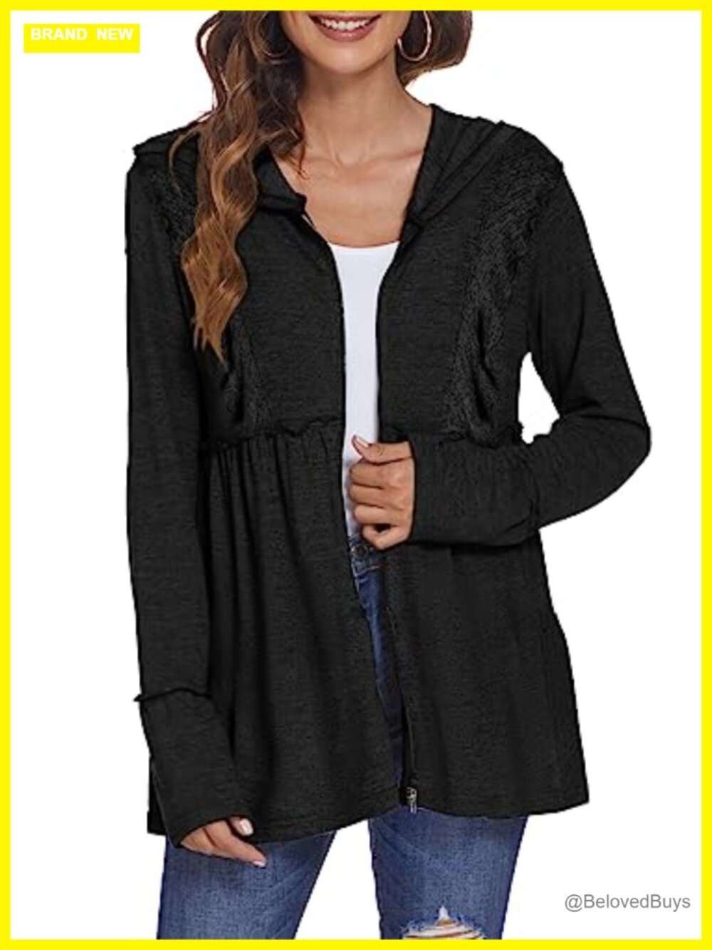 Women's Pleated Tiered Ruffle Zip Up Hoodie Sweatshirt Jacket with Kangaroo